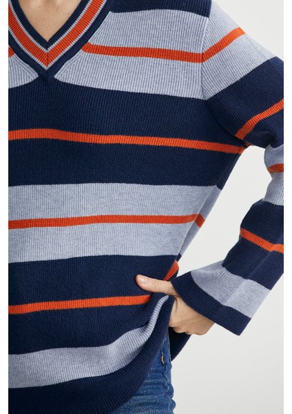 Çizgili V Yaka Triko Kazak - Lacivert fırsatları