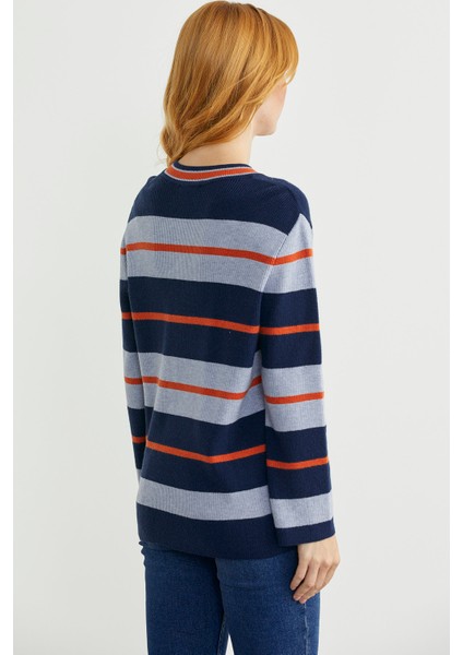 Çizgili V Yaka Triko Kazak - Lacivert indirimleri