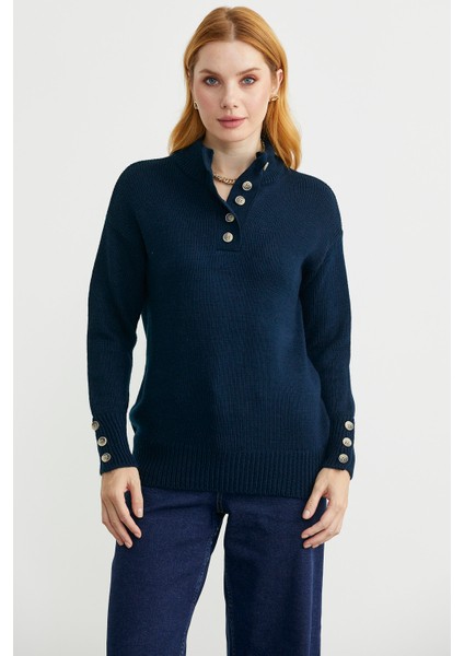 Dik Yaka Düğme Detaylı Yünlü Triko Kazak - Lacivert