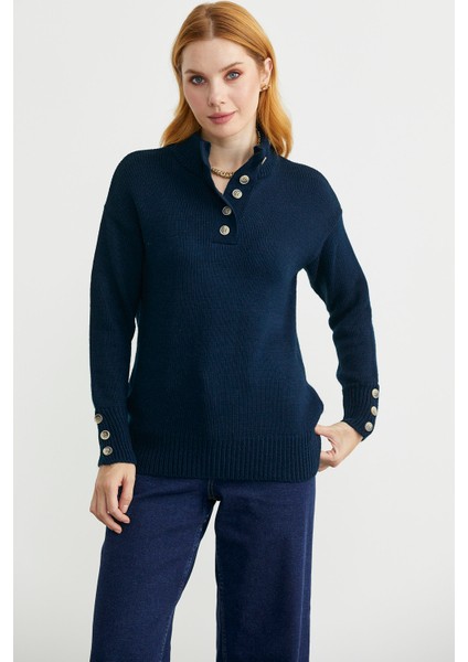 Dik Yaka Düğme Detaylı Yünlü Triko Kazak - Lacivert fiyatları