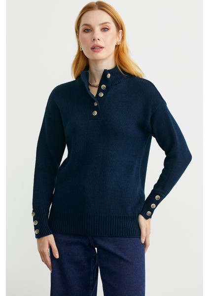 Dik Yaka Düğme Detaylı Yünlü Triko Kazak - Lacivert modelleri