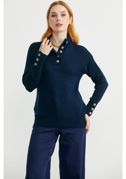 Dik Yaka Düğme Detaylı Yünlü Triko Kazak - Lacivert fırsatları