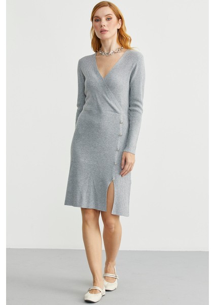 Kruvaze Düğme Detaylı Triko Elbise - Gri