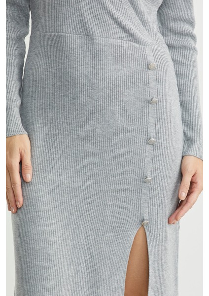 Kruvaze Düğme Detaylı Triko Elbise - Gri indirimleri