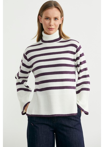 Yünlü Tam Balıkçı Çizgili Triko Kazak - Kemik