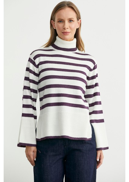 Yünlü Tam Balıkçı Çizgili Triko Kazak - Kemik fiyatları