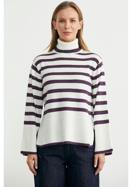 Yünlü Tam Balıkçı Çizgili Triko Kazak - Kemik modelleri