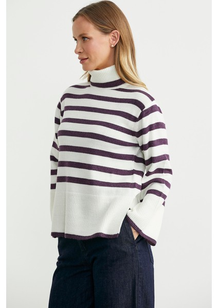 Yünlü Tam Balıkçı Çizgili Triko Kazak - Kemik fırsatları