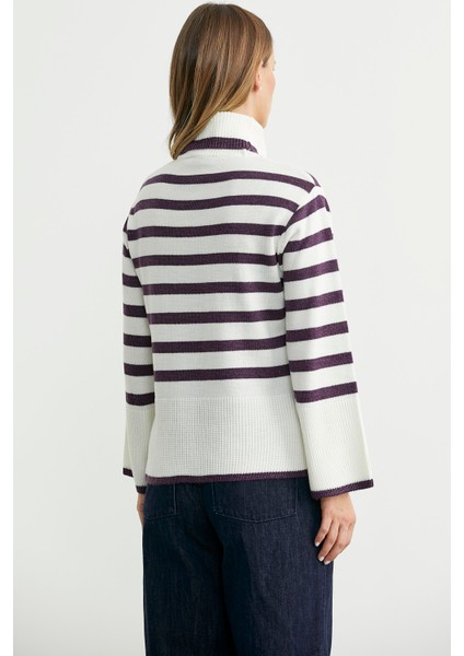 Yünlü Tam Balıkçı Çizgili Triko Kazak - Kemik indirimleri