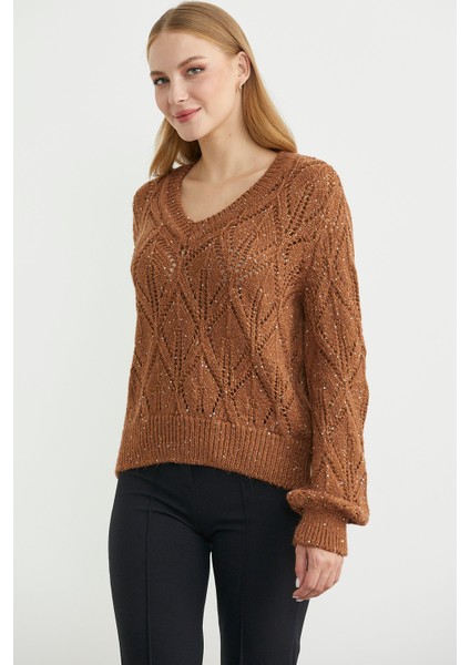 Delikli V Yaka Pullu Triko Kazak - Taba fırsatları