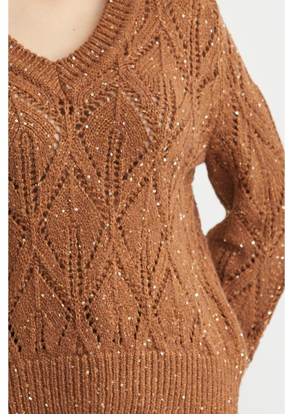 Delikli V Yaka Pullu Triko Kazak - Taba indirimleri