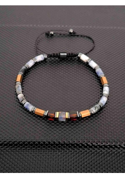 Silindir Kesim Sodalit-Damla Kehribar-Hematit Doğaltaş Bileklik Takı Aksesuar Erkek Bileklik Kadın Bileklik
