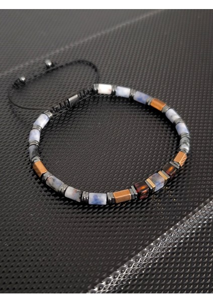 Silindir Kesim Sodalit-Damla Kehribar-Hematit Doğaltaş Bileklik Takı Aksesuar Erkek Bileklik Kadın Bileklik modelleri