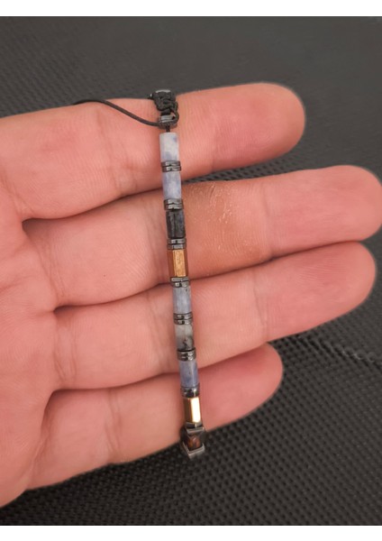 Silindir Kesim Sodalit-Damla Kehribar-Hematit Doğaltaş Bileklik Takı Aksesuar Erkek Bileklik Kadın Bileklik