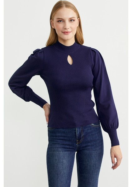 Dik Yaka Balon Kol Triko Kazak - Lacivert fiyatları