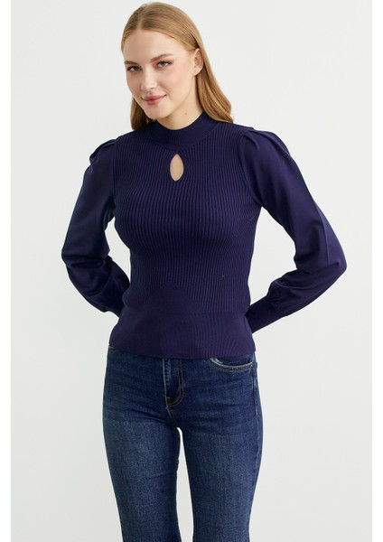 Dik Yaka Balon Kol Triko Kazak - Lacivert modelleri