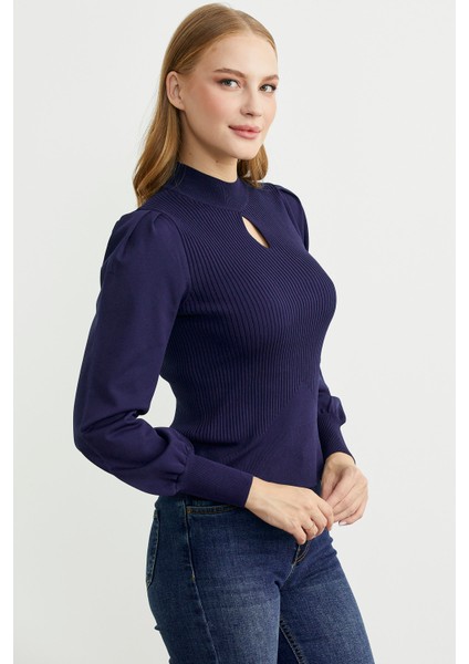 Dik Yaka Balon Kol Triko Kazak - Lacivert fırsatları