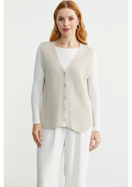 Selanik Örgü Düğmeli Yünlü Triko Yelek - Taş modelleri