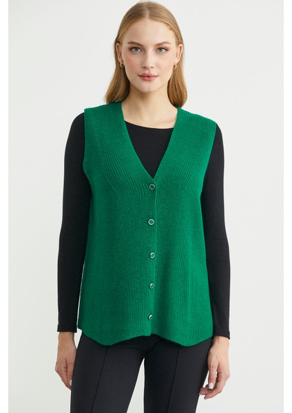 Selanik Örgü Düğmeli Yünlü Triko Yelek - Yeşil