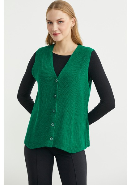 Selanik Örgü Düğmeli Yünlü Triko Yelek - Yeşil fiyatları