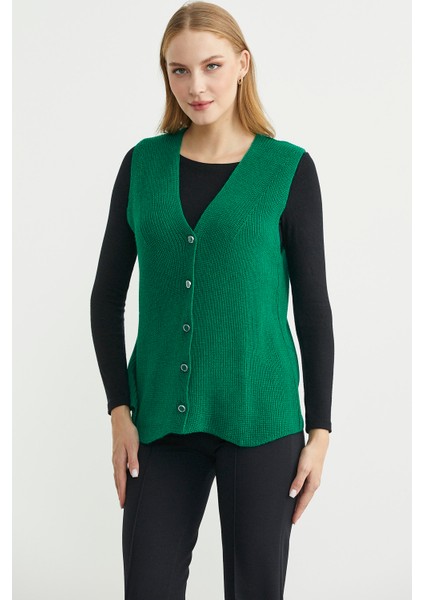 Selanik Örgü Düğmeli Yünlü Triko Yelek - Yeşil modelleri