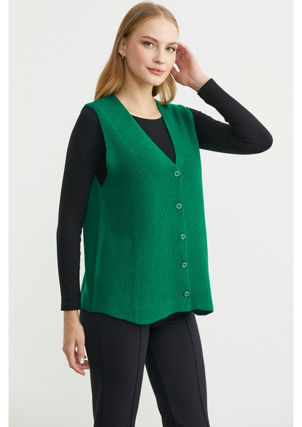 Selanik Örgü Düğmeli Yünlü Triko Yelek - Yeşil fırsatları