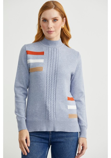 Dik Yaka Renk Detaylı Triko Kazak - Mavi