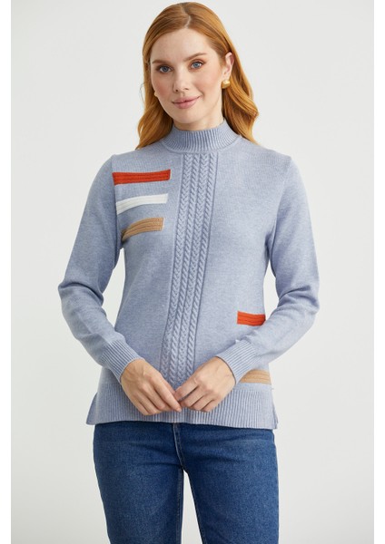 Dik Yaka Renk Detaylı Triko Kazak - Mavi fiyatları