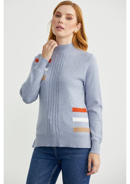 Dik Yaka Renk Detaylı Triko Kazak - Mavi modelleri