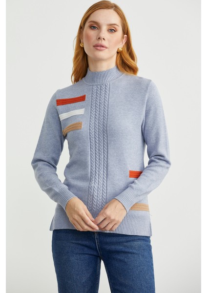 Dik Yaka Renk Detaylı Triko Kazak - Mavi fırsatları