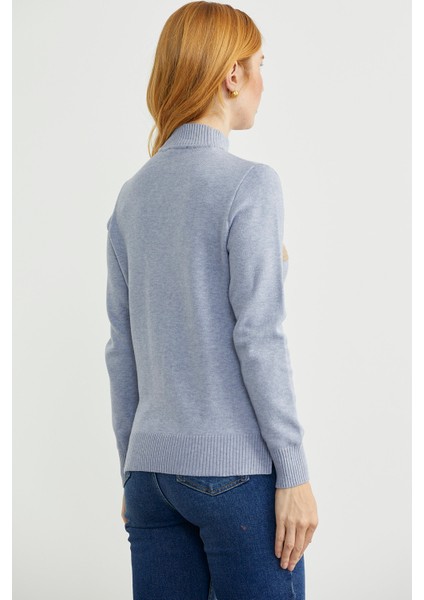 Dik Yaka Renk Detaylı Triko Kazak - Mavi indirimleri