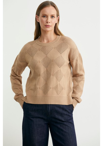 Renge Renk Motifli Triko Kazak - Bej