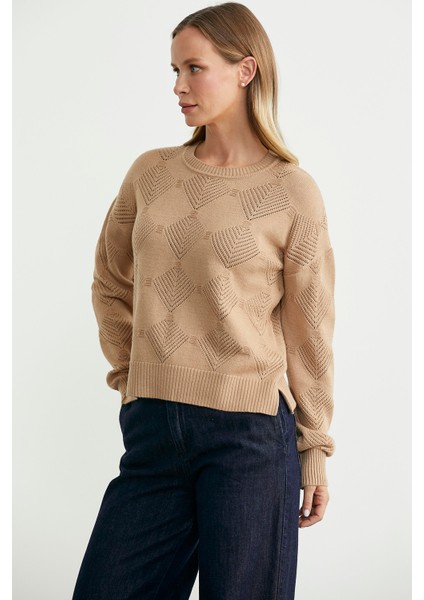 Renge Renk Motifli Triko Kazak - Bej modelleri