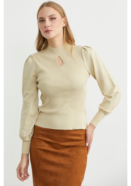 Dik Yaka Balon Kol Triko Kazak - Krem