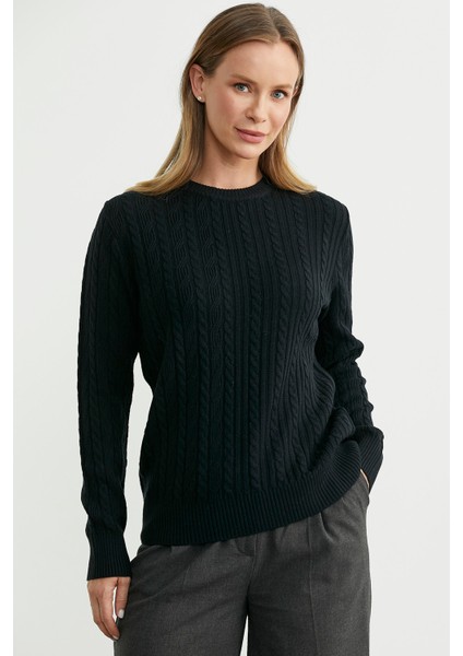 Sıfır Yaka Motif Detaylı Triko Kazak - Siyah