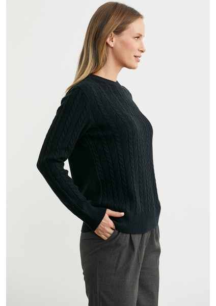 Sıfır Yaka Motif Detaylı Triko Kazak - Siyah fırsatları