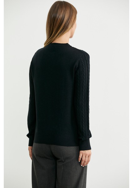 Sıfır Yaka Motif Detaylı Triko Kazak - Siyah indirimleri