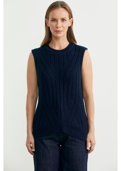 Arkası Uzun Bisiklet Yaka Yünlü Triko Süveter - Lacivert modelleri