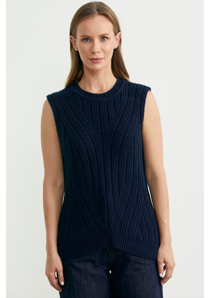 Arkası Uzun Bisiklet Yaka Yünlü Triko Süveter - Lacivert fırsatları