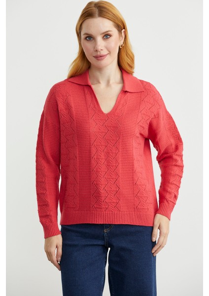 Polo Yaka Motifli Triko Kazak - Gül