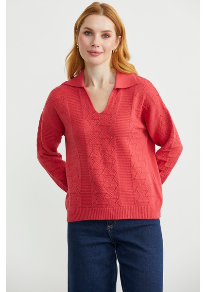 Polo Yaka Motifli Triko Kazak - Gül fiyatları