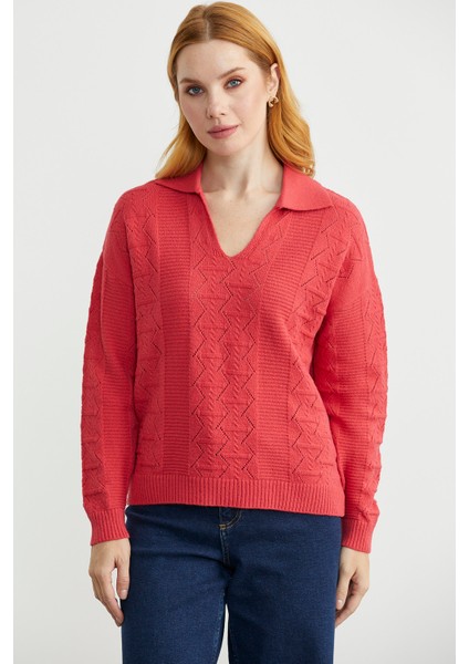 Polo Yaka Motifli Triko Kazak - Gül modelleri