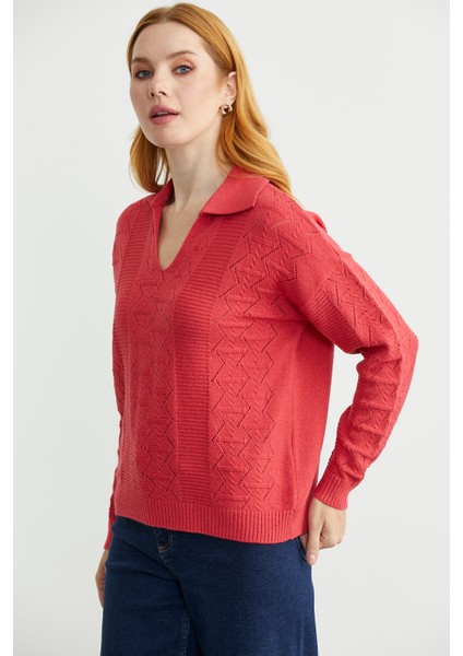 Polo Yaka Motifli Triko Kazak - Gül fırsatları