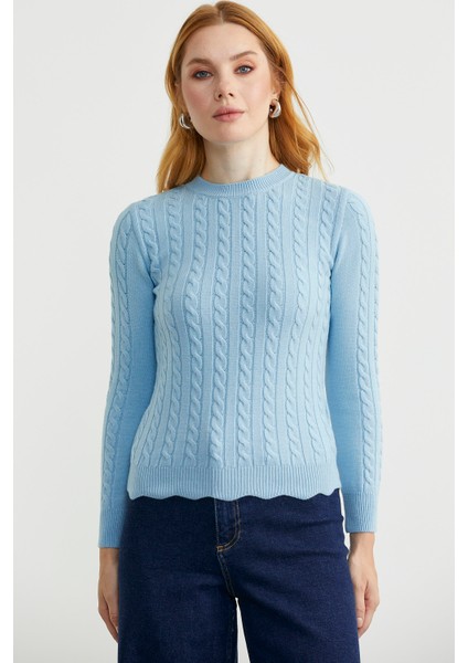 Dilimli Saç Örgülü Triko Kazak - Mavi modelleri