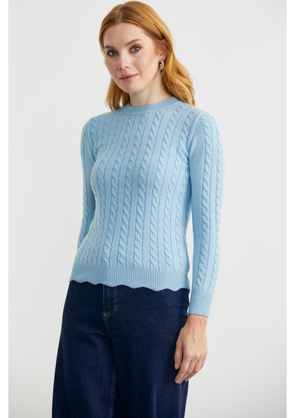 Dilimli Saç Örgülü Triko Kazak - Mavi fırsatları