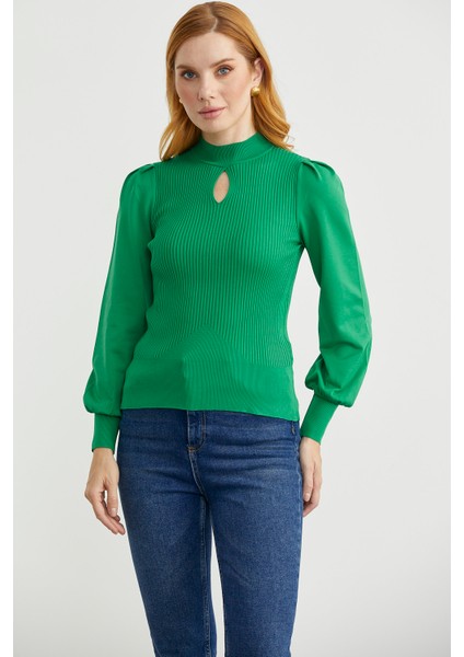 Dik Yaka Balon Kol Triko Kazak - Yeşil