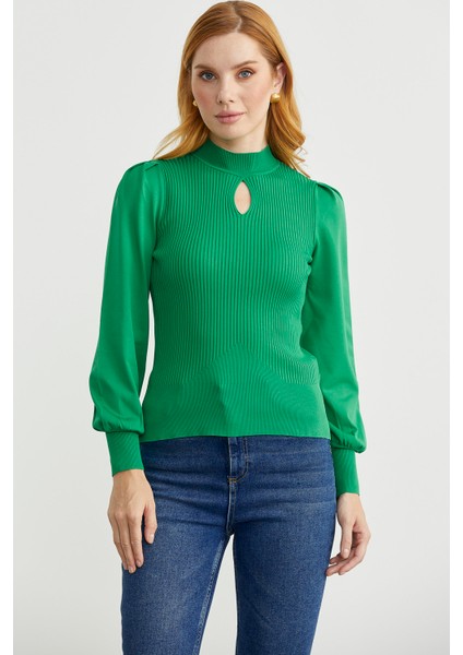 Dik Yaka Balon Kol Triko Kazak - Yeşil fiyatları