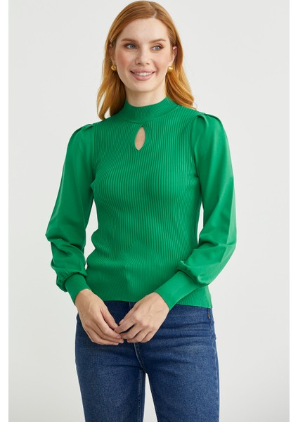 Dik Yaka Balon Kol Triko Kazak - Yeşil modelleri