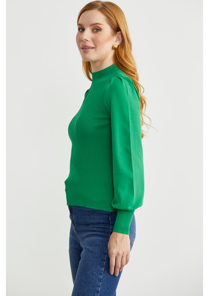 Dik Yaka Balon Kol Triko Kazak - Yeşil fırsatları