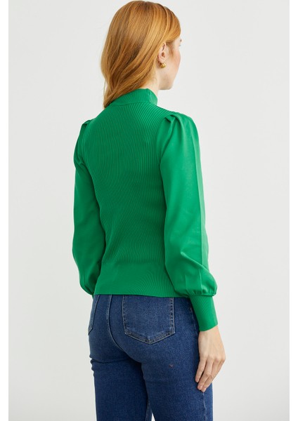 Dik Yaka Balon Kol Triko Kazak - Yeşil indirimleri